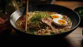 Foto gratuita fideos ramen gourmet con carne de cerdo y verduras generados por ia