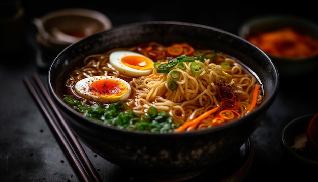 Fideos de ramen gourmet en un tazón humeante generado por IA