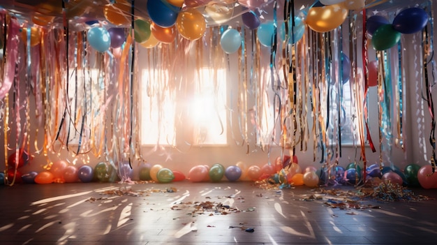 Foto gratuita fiesta de cumpleaños con cintas colgantes y guirnaldas en una habitación decorada