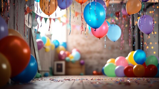 Fiesta de cumpleaños con cintas colgantes y guirnaldas en una habitación decorada