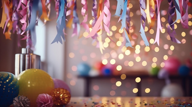 Fiesta de cumpleaños con cintas colgantes y guirnaldas en una habitación decorada