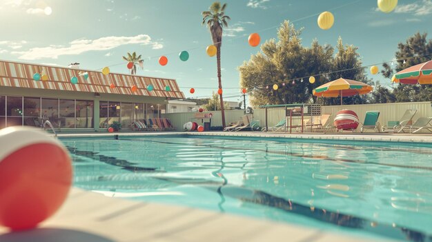 Una fiesta en la piscina de inspiración retro con trajes de baño antiguos, juegos de piscina clásicos y un ambiente nostálgico.