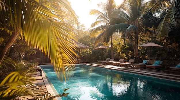 Una fiesta en la piscina en un paraíso tropical rodeada de palmeras, arena y un ambiente relajado de isla.