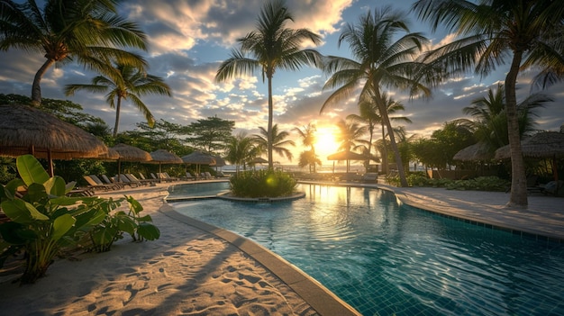 Foto gratuita una fiesta en la piscina en un paraíso tropical rodeada de palmeras, arena y un ambiente relajado de isla.