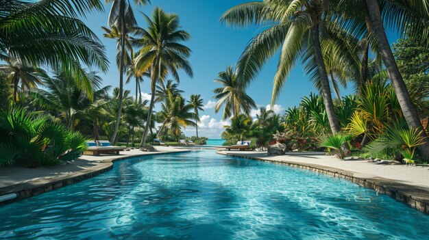 Una fiesta en la piscina en un paraíso tropical rodeada de palmeras, arena y un ambiente relajado de isla.