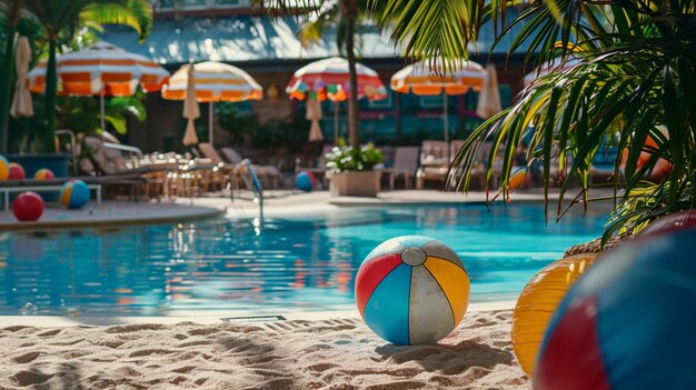 Una fiesta en la piscina en un resort de playa con una zona de arena, pelotas de playa y decoración con temas playeros.