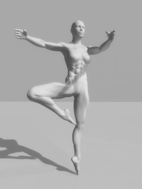 figura femenina 3D con físico musculoso en pose de ballet