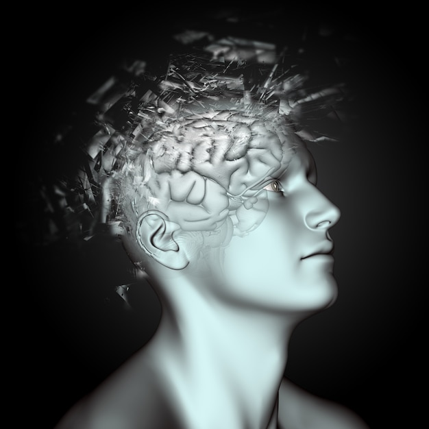 Figura masculina 3D con efecto de rotura en la cabeza y el cerebro que representa problemas de salud mental