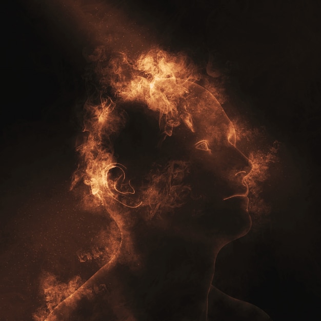 Figura masculina 3D con llamas en la cabeza que representa la salud mental