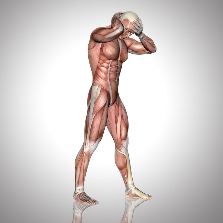 Foto gratuito figura masculina 3d con mapa muscular sosteniendo la cabeza
