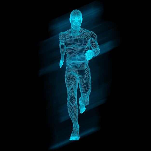 Figura masculina 3D en pose de carrera con diseño de estructura metálica