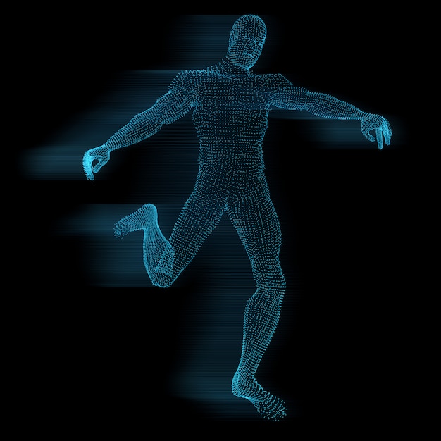 Figura masculina 3D de puntos brillantes con efecto de movimiento