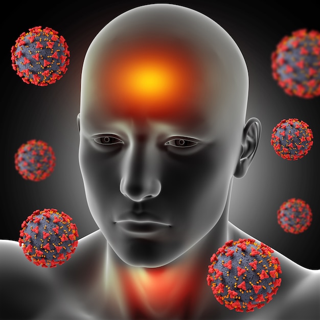 Figura médica masculina en 3D con fiebre, dolor de garganta y células del virus Covid 19