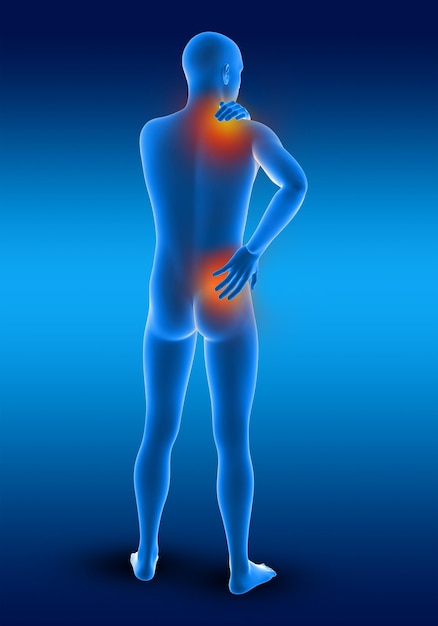 Foto gratuita figura médica masculina 3d sosteniendo su cuello y espalda con dolor