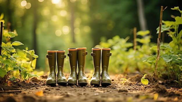 Foto gratuita una fila de botas de goma de la familia ordenadamente alineadas después de un día de trabajo en el campo