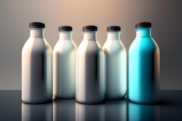 Una fila de botellas con diferentes colores de leche.