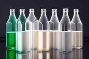 Foto gratuita una fila de botellas transparentes con líquido verde en el medio.