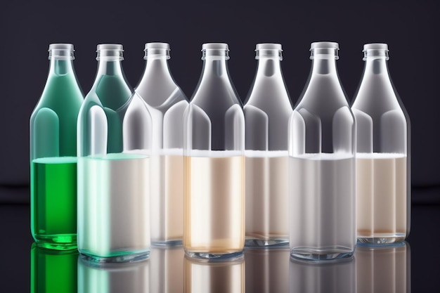Una fila de botellas transparentes con líquido verde en el medio.