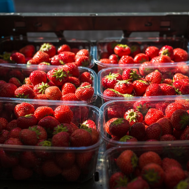 Fila de fresas orgánicas frescas en el recipiente de plástico