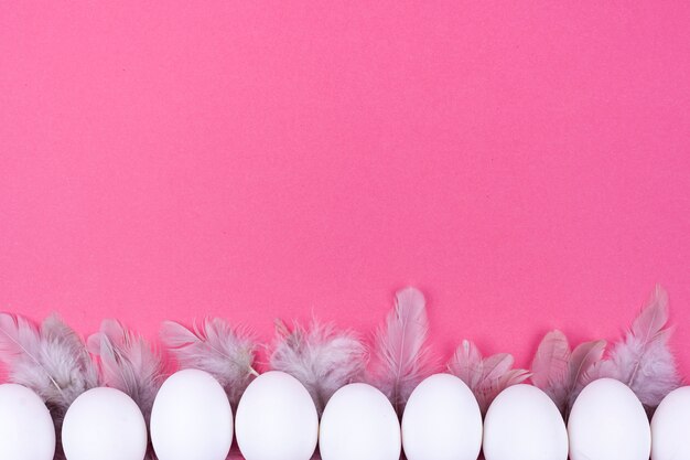 Fila de huevos de gallina blanca con plumas