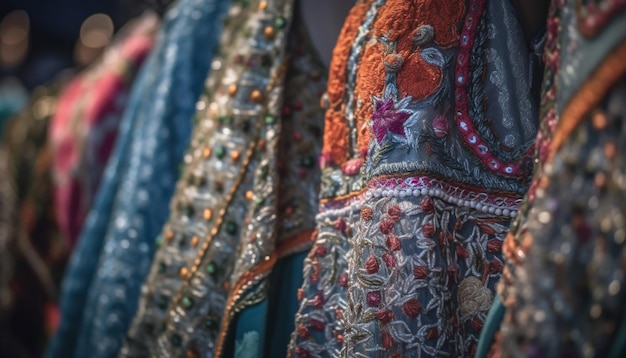 Una fila de telas de colores con un patrón de pedrería en la parte delantera.