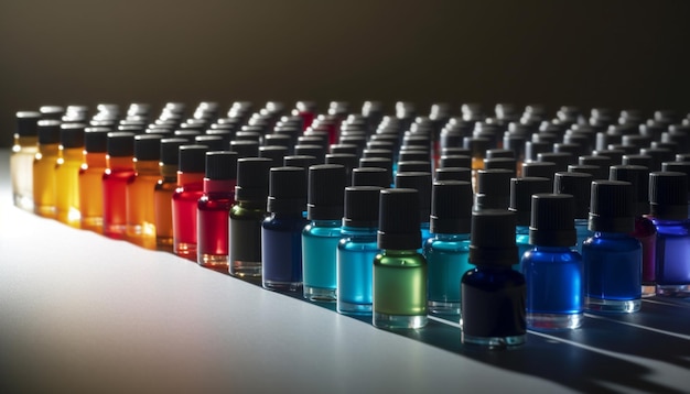 Una fila de vibrantes productos de belleza multicolores en botellas de vidrio generadas por inteligencia artificial