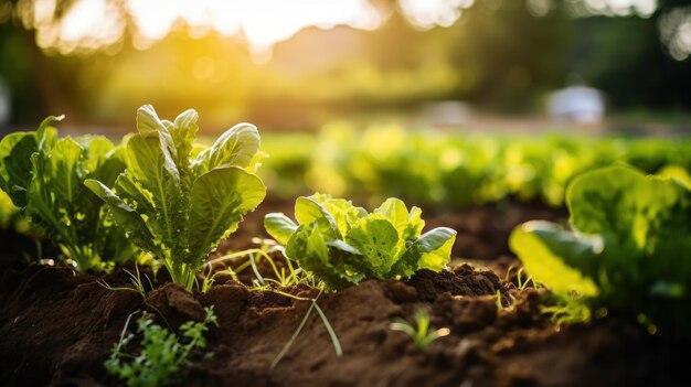 Filas de cultivos diversos en una granja orgánica con ricos verdes y marrones terrosos representan sostenibilidad