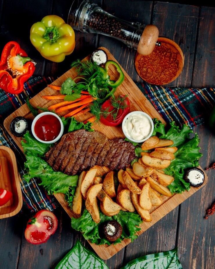 Foto gratuito filete bien hecho y papas caseras