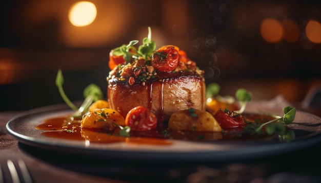 Filete de bistec a la parrilla con ensalada de vegetales frescos generado por IA