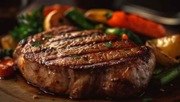 Filete de bistec a la parrilla con vegetales frescos cocidos raro generado por IA