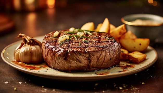 Foto gratuita filete de carne a la parrilla cocinado a la perfección listo para comer en un plato rústico generado por inteligencia artificial