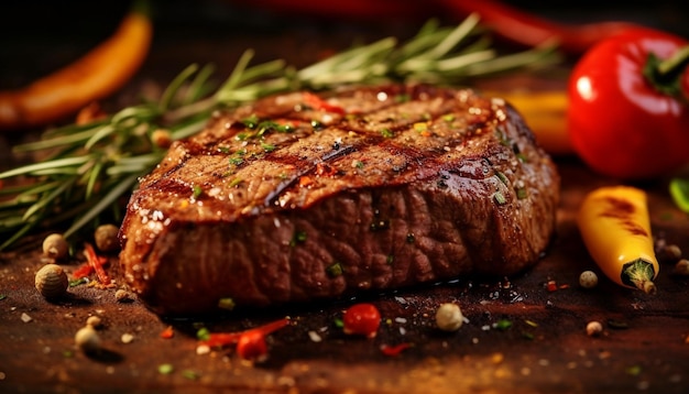 Foto gratuita filete de carne a la parrilla raro y jugoso listo para comer en madera rústica generada por inteligencia artificial