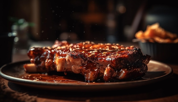 Foto gratuita filete de cerdo a la parrilla con salsa salada al aire libre generado por ia