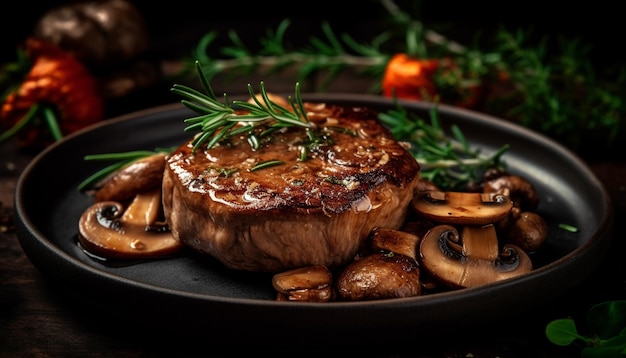 Foto gratuita filete de filete a la parrilla en un plato de madera rústico cocinado a la perfección generado por la inteligencia artificial