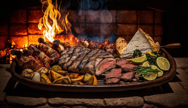 Filete a la parrilla en brocheta servido en plato rústico IA generativa