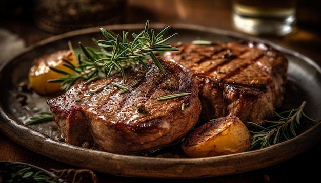 Foto gratuita un filete a la parrilla cocinado a la perfección una comida gourmet en madera generada por inteligencia artificial