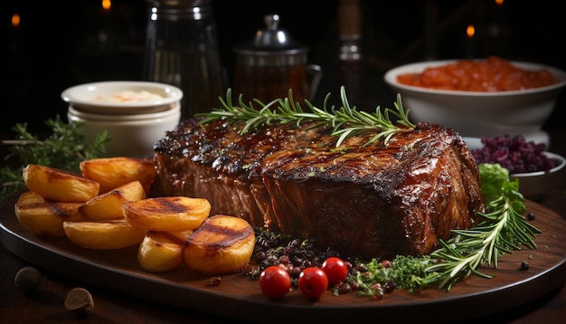 Foto gratuita un filete a la parrilla cocinado a la perfección una comida gourmet en un plato generado por inteligencia artificial