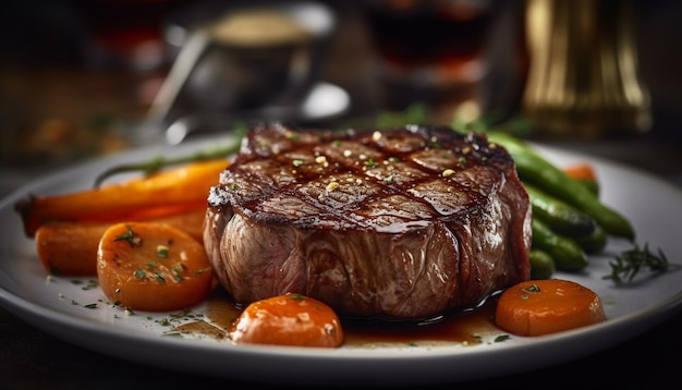 Foto gratuita un filete a la parrilla cocinado a la perfección listo para comer en un plato de madera generado por la inteligencia artificial.