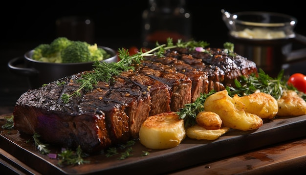 Foto gratuita un filete a la parrilla cocinado a la perfección listo para comer en un plato rústico generado por la inteligencia artificial.