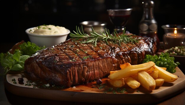 Foto gratuita un filete a la parrilla cocinado a la perfección listo para comer con una salsa salada generada por la inteligencia artificial.