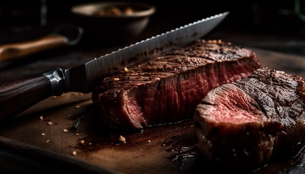 Filete a la parrilla en parrilla de madera rústica generado por IA