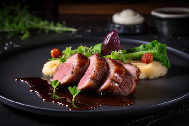 Foto gratuita filete de pato glaseado con puré de patatas y salsa servido en un elegante plato de restaurante ai generativo