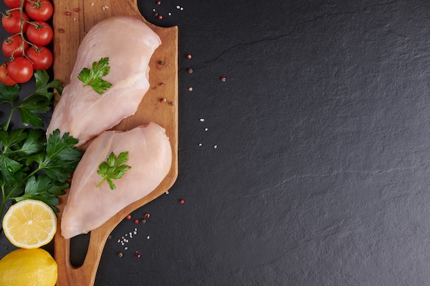 Filete de pollo crudo con ajo, pimienta y romero en madera sobre tabla de cortar.