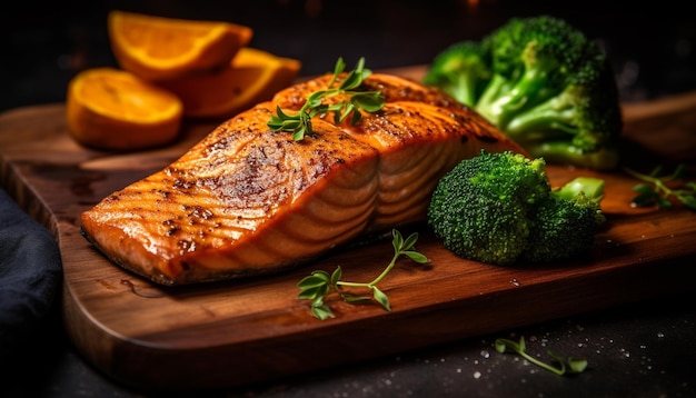 Filete de salmón a la plancha con ensalada de verduras frescas generado por IA