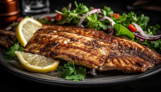 Foto gratuita filete de salmón a la plancha con ensalada de verduras frescas generado por ia