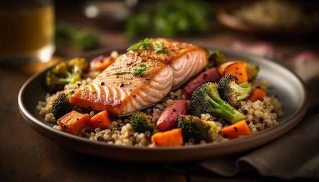 Foto gratuita filete de salmón a la plancha con verduras frescas y ensalada generado por ia