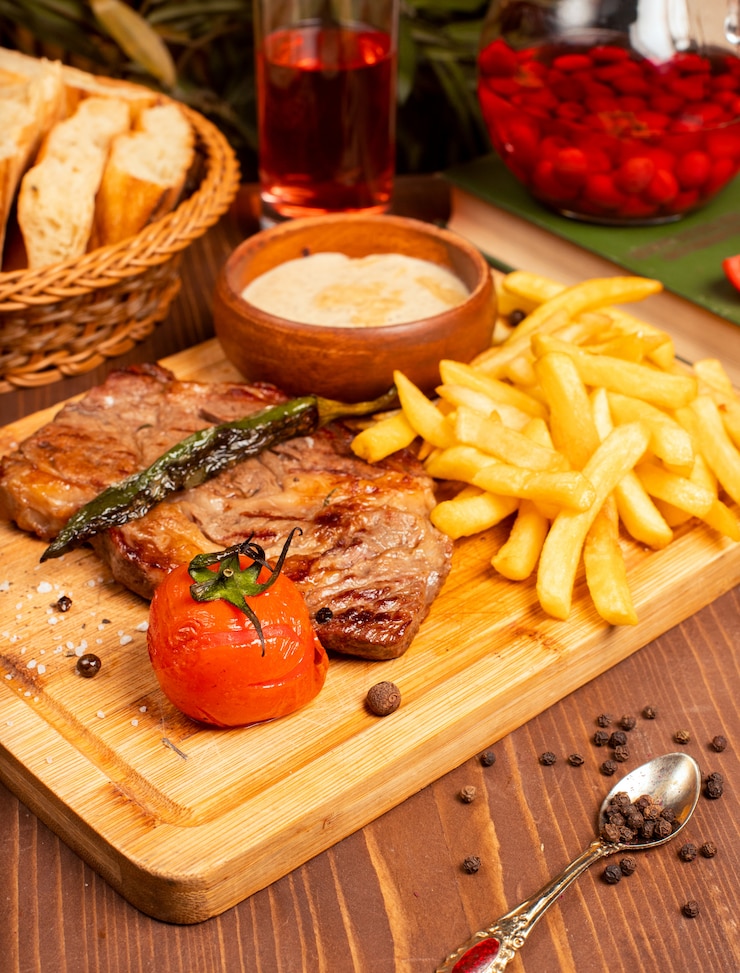 Foto gratuito filete de ternera con papas fritas, salsa de mayonesa con crema agria y hierbas en un plato de madera