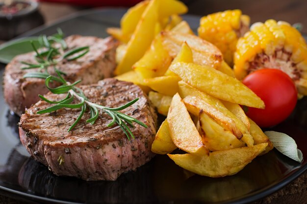 Filete de ternera tierno y jugoso medio raro con papas fritas