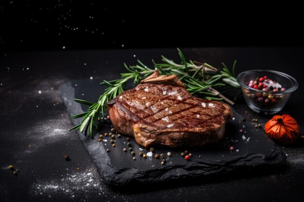 Filetes de ternera a la parrilla con especias y hierbas sobre pizarra negra y fondo negro Ai generativo