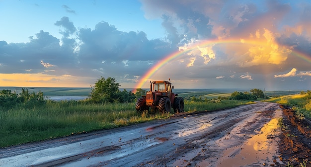 Foto gratuita el final del camino con un hermoso arco iris después del tiempo lluvioso